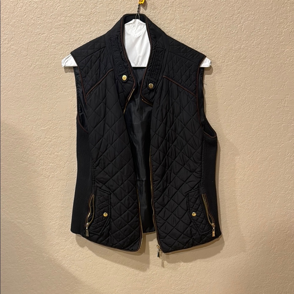 Active USA Black Quilted Zip-Front Vest with Gold Hardware